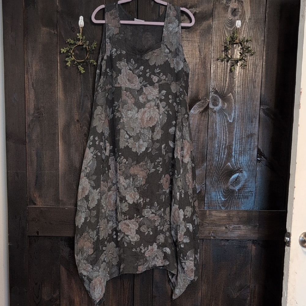 100% Linen Made In Italy Gray Floral Rose Dress Sleeveless Long